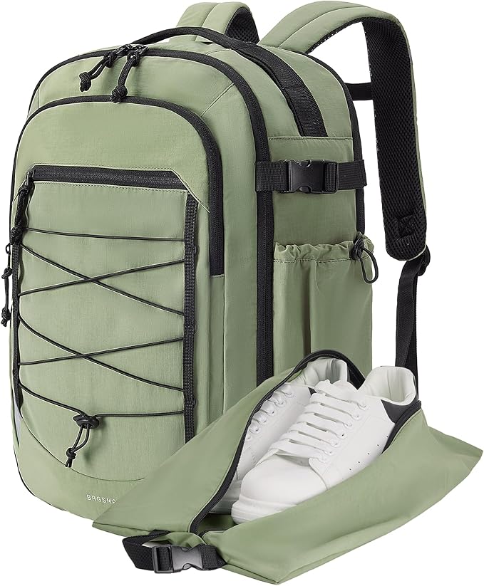 BAGSMART Carry On Backpack, 17.3 Inch Large Travel backpack Carry On Flight Approved, Personal Item Backpack Travel Bag With Shoe Bag, 27L Water Resistant Casual Daypack, Green