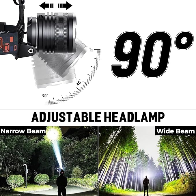 LED Rechargeable Headlamp, 99,000 Lumens Head Lamps (Include Βattery) Super Bright Long Distance Headlamps with 5 Mode Waterproof, 90° Adjustable Head Lights for Forehead Adults Outdoor Camping