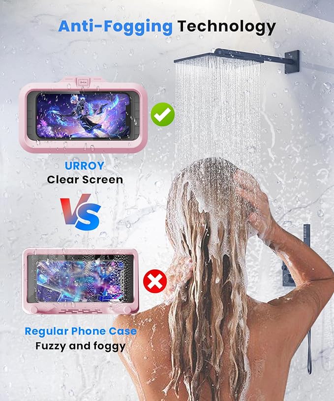 URROY Shower Phone Holder Waterproof One-Touch Open Shower Phone Case Anti-Fog & Sensitive Touchscreen Bathroom Wall Phone Mount Stand Universal Fit for iPhone & Smartphones Gift for Men Women Pink