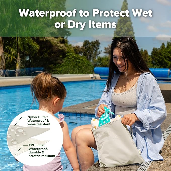 haakaa Water Resistant Wet Bags for Baby Wet Dry Bags for Cloth Diaper, Reusable Wet Bags for Baby Items, Swimsuit & Travel, 2pcs, Beige