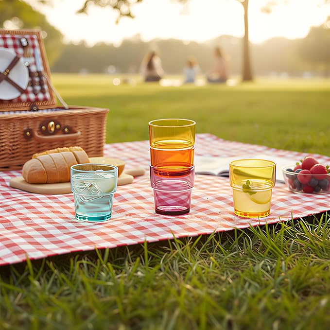 14 oz Plastic Stackable Drinking Tumblers, BPA-Free, Dishwasher Safe, Durable Shatterproof Reusable Kid Cups, Everyday Water/Juice Glasses for Indoor/Outdoor (Set of 8, Gift Box)