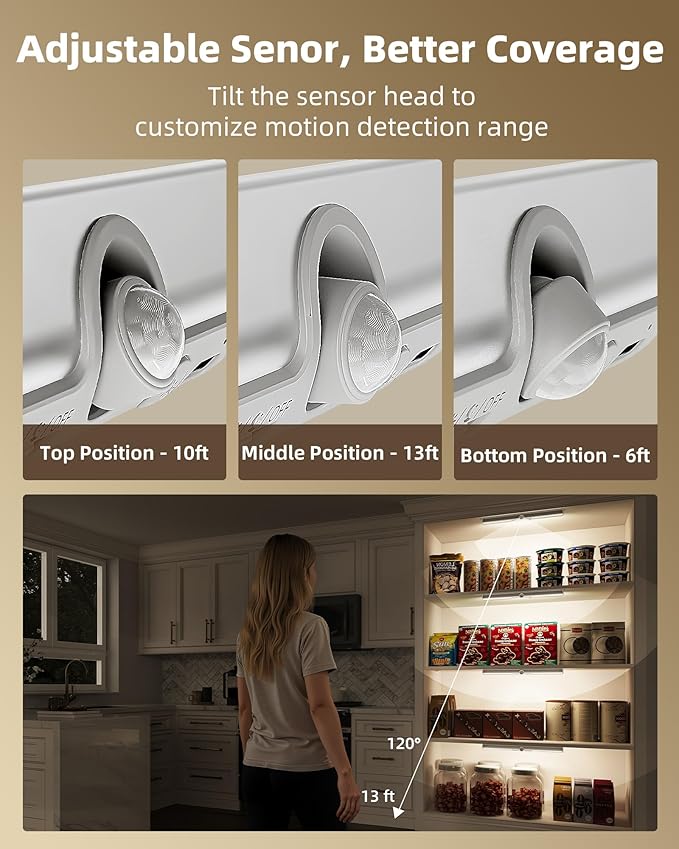 EZVALO 15-inch Motion Closet Lights with Rotatable Sensor, Rechargeable Under Cabinet Lighting, No-Glare, 3 Color Temps & Dimmable LED Sensor Light Indoor for Pantry, Wardrobe - 2 Pack