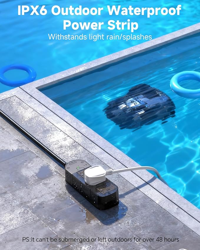 Outdoor Power Strip, 3 AC Outlets, 5 FT, 1625W/13A High-Power Single-Device Use, with Anti-Electric Shock & IPX6 Waterproof, Ideal for Backyard, Patio, Garage, Kitchen, Workshop, Camping, RV