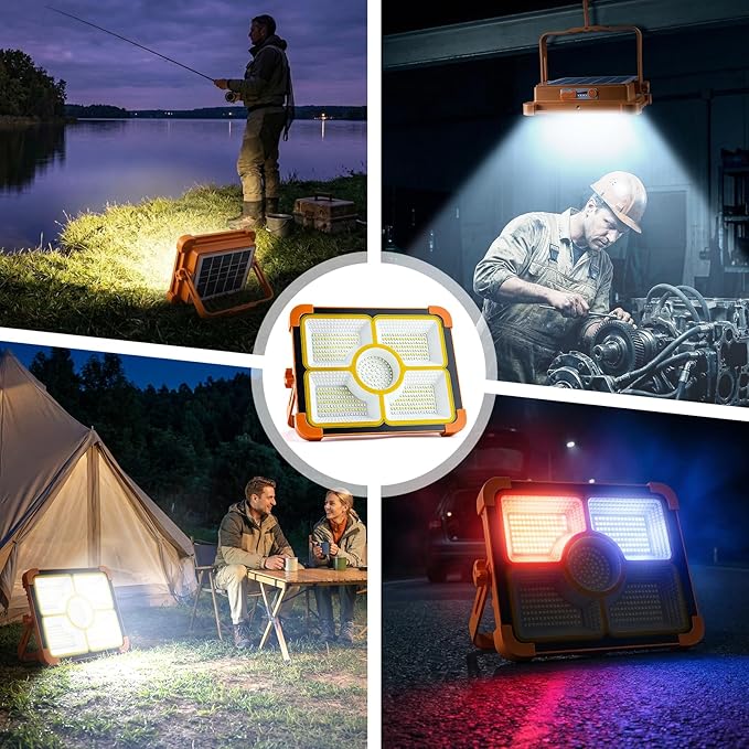 Solar Rechargeable Work Light, 474 LED 12000LM Portable Flood Lights, 12000mAh LED Work Light with 5 Modes, Waterproof Outdoor Job Lighting for Emergency Camping Repair, Solar & Type-C Charging