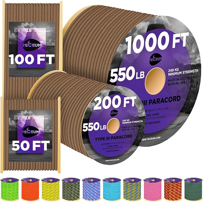 TECEUM Reflective Paracord Rope 1000 – 1000ft/200ft/100ft/50ft – 40+ Colors – Glow in The Dark – para Cord – Utility Rope for Survival, Hunting & Camping Gear – Nylon String, Camping Rope, Tent Cord