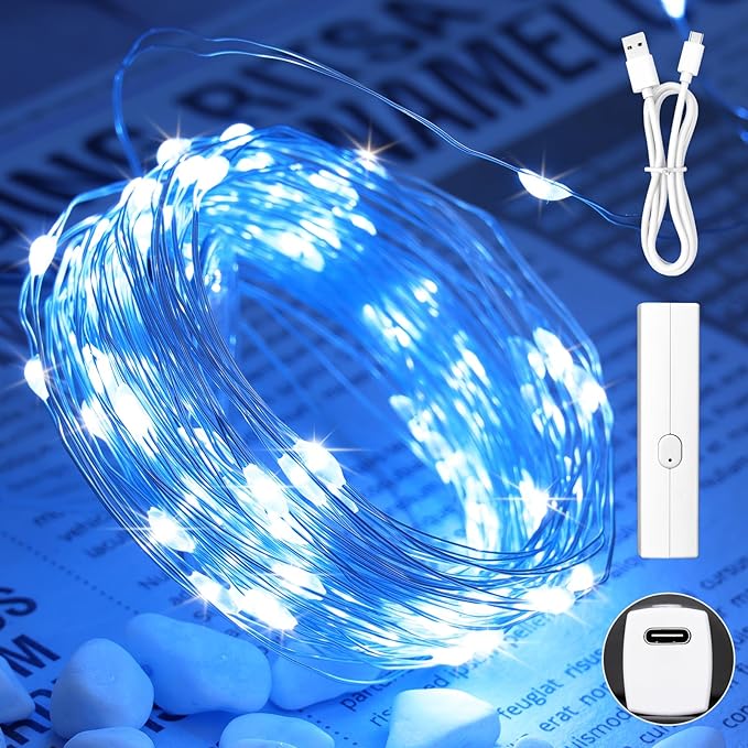 Lakumu LED String Lights Battery Operated, Mini Rechargeable Fairy Lights, Twinkle Lights with Timer for Bedroom, Christmas Decorations, Wedding, Xmas Tree, Centerpiece Table Decor (5M/16FT Blue)