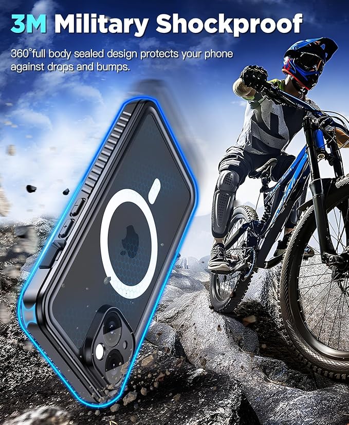 Beeasy for iPhone 15 Waterproof Case Compatible with Magsafe IP68 Underwater Military Grade, Phone Case with Shockproof, Dustproof, Rugged 360 Full Body Protection Cover with Built-in Screen Protector