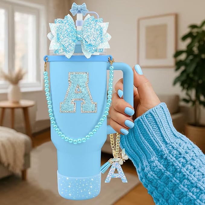 9PCS Blue for Stanley Cup Accessories Set Bling Initials Bow Charms for Stanley Decorations 30/40 Oz Tumbler Accessories Including Bow Straw Topper, Handle Strap, Spill Stopper（Letter A）