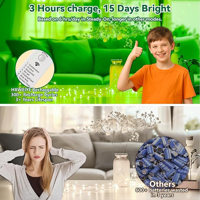 HXWEIYE Rechargeable Fairy Lights Battery Operated, DIY Timer & 8 Modes, 2 Pack 16FT 50LED Twinkle String Lights Indoor, Led mini Lights for Bedroom Wedding Dorm Christmas Tree Decor (Green)