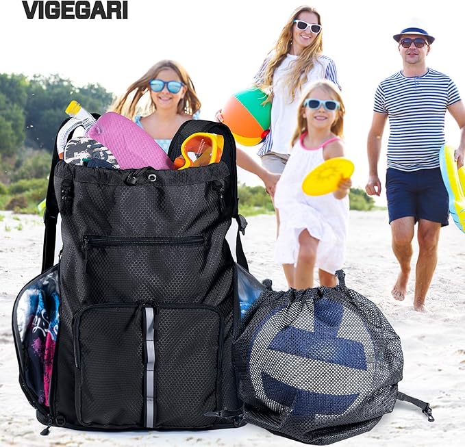 Large Beach Backpack Waterproof Sandproof - Customized Oversized Drawstring Pool Bag with Shoe Compartment for Toiletries, Towels, Gym, Travel