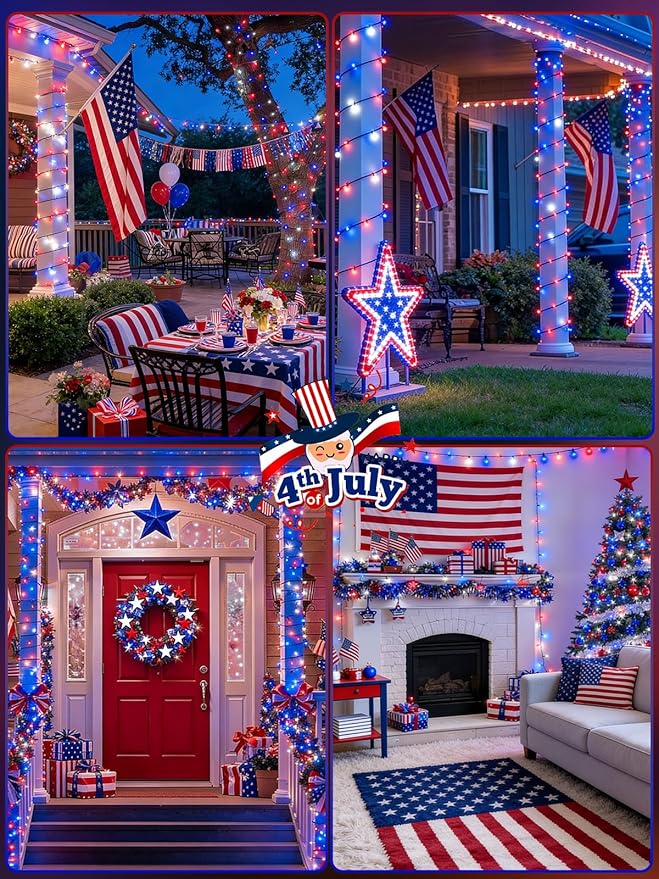 2 Pack 200 LED Red White and Blue Solar String Lights Outdoor Waterproof, Solar Powered LED Patriotic Lights, Solar Tree Lights for Independence Day 4th of July Memorial Day 250th Anniversary Decor