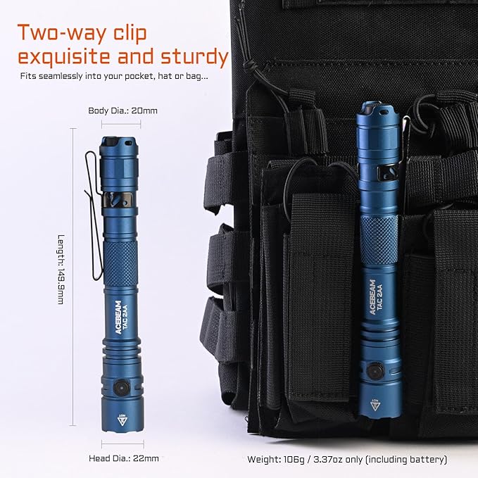 ACEBEAM TAC 2AA EDC Tactical Dual Modes Flashlight Rechargeable, 1400 High Lumens Flashlight, Dual Switch Pocket LED Flashlight, Super Bright Small Flash Light for Emergency, Camping, Home(SFT-25R HI)