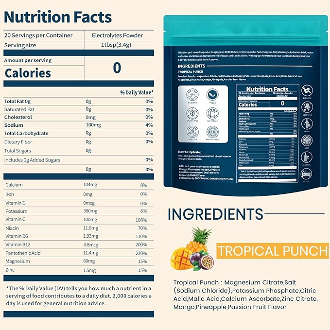 Electrolytes Powder Packets Sugar Free Hydration Packets, Liquid Daily IV Electrolyte Drink Mix for Rehydration with Electrolytes, Vitamins, 0 Calorie, Tropical Punch Flavor 20 Sticks
