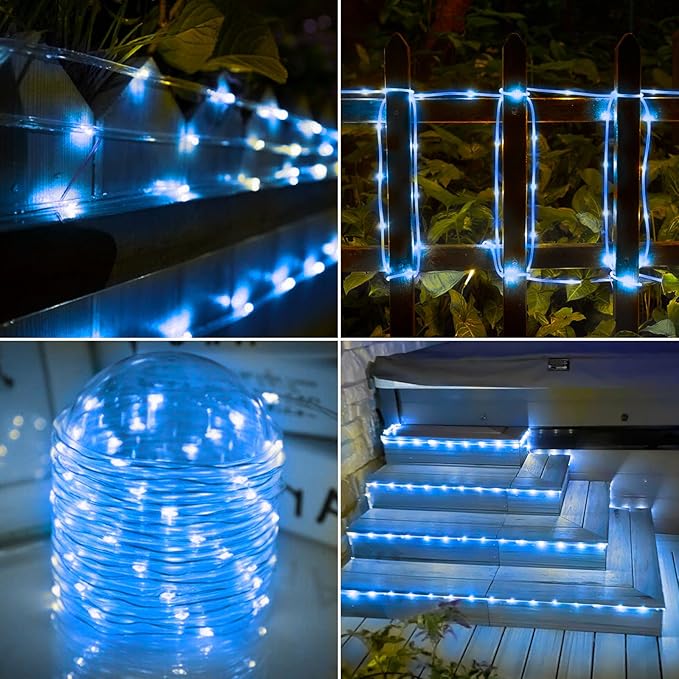 Solar Rope Lights, 2 Packs Total 132ft 400LED Solar String Lights, 8 Modes Waterproof Solar Powered Outdoor Light, Flexible Clear Tube Light for Garden Backyard Patio Deck Porch Tree Xmas Decor - Blue