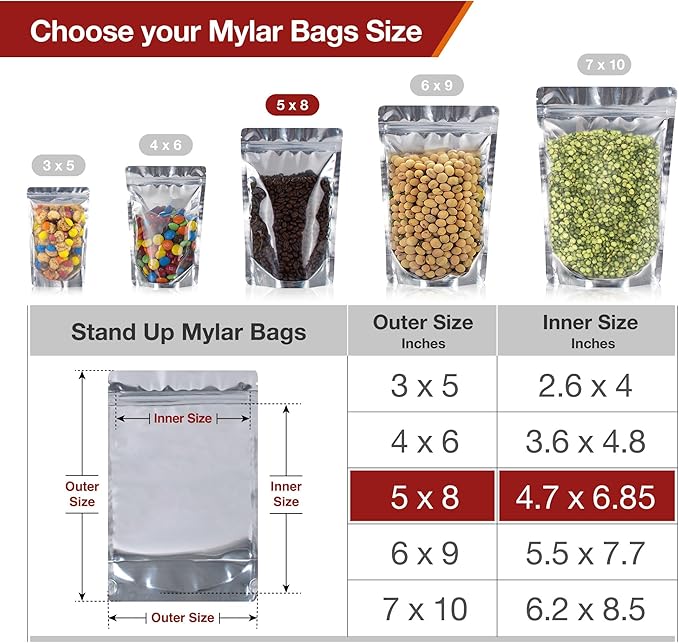 BELLE KR® 5x8 Mylar Bags with Window Stand Up - Pack Of 100, 7.5mil Thick - Clear Front Pint Mylar Bags for Food Storage and Freeze Dried Candy - Bonus Labels Included