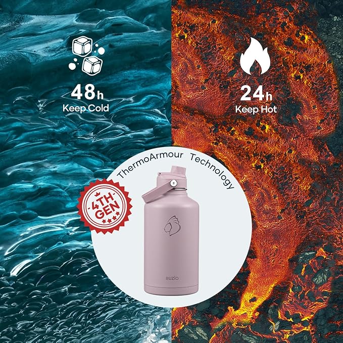 BUZIO 64oz Insulated Water Bottle, Half gallon Stainless Steel Jug (Cold for 48 Hrs), Triple Wall Vacuum Large Metal Flask with Leakproof Straw Lid and Carry Sleeve, Purple