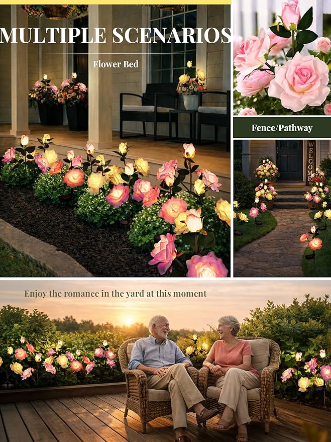 GIGALUMI Solar Lights Outdoor for Garden Decor, 3 Pack Solar Flower Lights Waterproof, 2 Lighting Modes 9 Roses for Pathway,Yard, Patio Decoration, Gardening Gifts for Women (Multi-Colored)