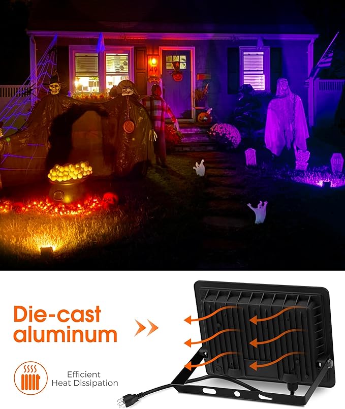 L LOHAS LED Orange and Purple Christmas Halloween Flood Light Outdoor, 2 Pack 𝑨𝒖𝒕𝒐 𝑶𝑵/𝑶𝑭𝑭 50W Plug in Flood Light, IP66 Waterproof, 2300lm Outdoor Flood Lights for Yard, Party, UL Listed