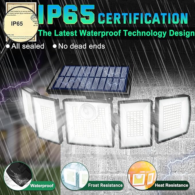 MDCMDCM Solar Lights Outdoor Waterproof Motion Sensor - 416 LEDs 3000 Lumens Super Bright 3 Brightness 3 Modes 2400mAh 360° Illumination 32ft Solar Flood Security Light for Outside (with Stakes, 1)