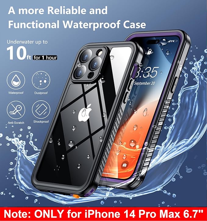 SPIDERCASE Only Designed for iPhone 14 Pro Max Case Waterproof [12FT Military Dropproof] [Built-in Screen Protector] [IP68 Underwater] Full Body Shockproof Protective Phone Case 6.7'' 2022, Purple