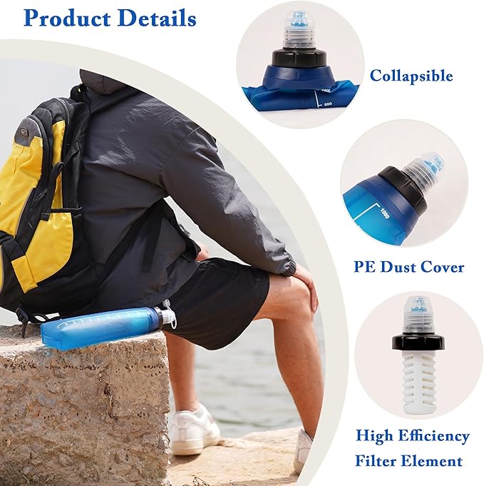 Portable 1.0L Water Fiter, Outdoor Water Filter Backpacking, Collapsible Hiking Water Filter, Water Filter Camping，Water Backpack For Travrling（Blue）