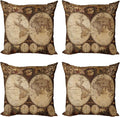 Ambesonne World Map Throw Pillow Cushion Case Pack of 4, Old World Map Drawn in 1720s Nostalgic Style Art Historical Atlas Vintage Design, Modern Accent Double-Sided Digital Printing, 16", Beige Brown