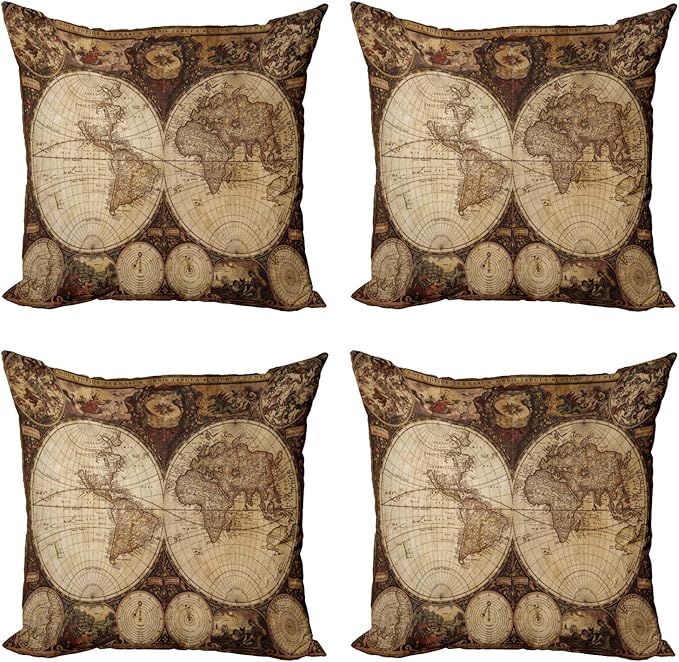 Ambesonne World Map Throw Pillow Cushion Case Pack of 4, Old World Map Drawn in 1720s Nostalgic Style Art Historical Atlas Vintage Design, Modern Accent Double-Sided Digital Printing, 20", Beige Brown