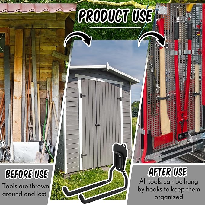 MorningRo 2 Pack Shed Accessories Multi Purpose Shed Hooks Metal Power Tool Holder for Large or Small Tools or Shovels, Black (Straight)