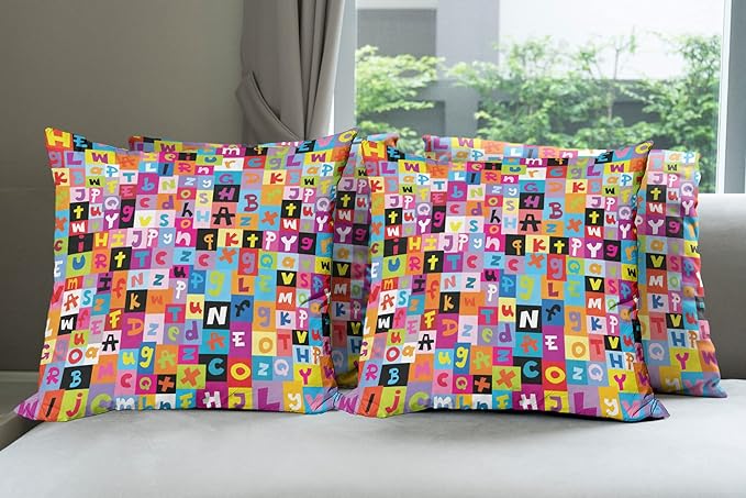 Ambesonne Abstract Throw Pillow Cushion Case Pack of 4, Colored Alphabet Letters Pattern Game Graphic Print, Modern Accent Double-Sided Digital Printing, 18", Multicolor