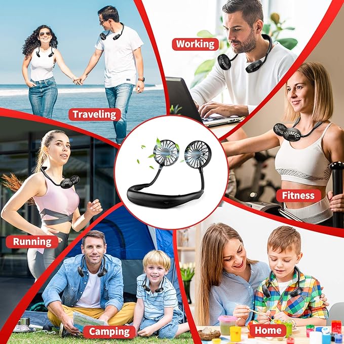 Portable Neck Fan Rechargeable Personal Hand-Free Fan Mini USB Wearable Neckband Sport Fan, 3 Speed Adjustable, 360 Degrees Free Rotation Perfect for Working, Traveling, Office, Reading (Full Black)