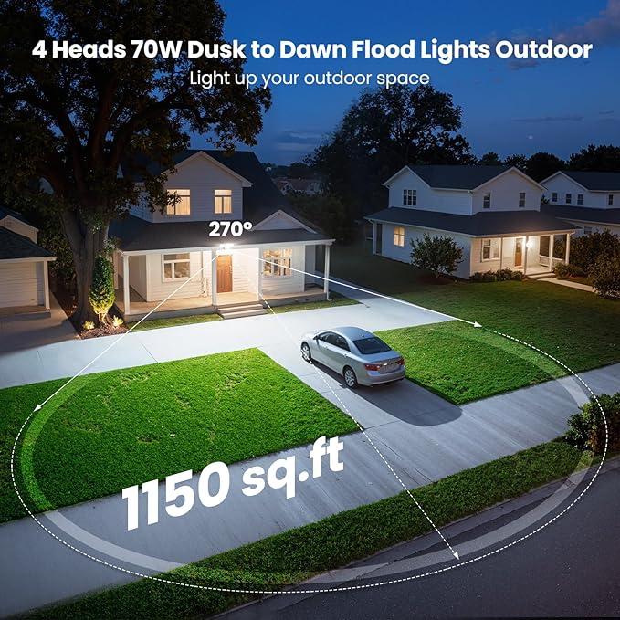 70W Dusk to Dawn Flood Lights Outdoor Lighting, 7000LM Dusk Till Dawn Floodlight, 4 Heads LED Security Light with Photocell, IP65 Waterproof, 6500K Daylight for Yard Garage Porch 2 Pack Black