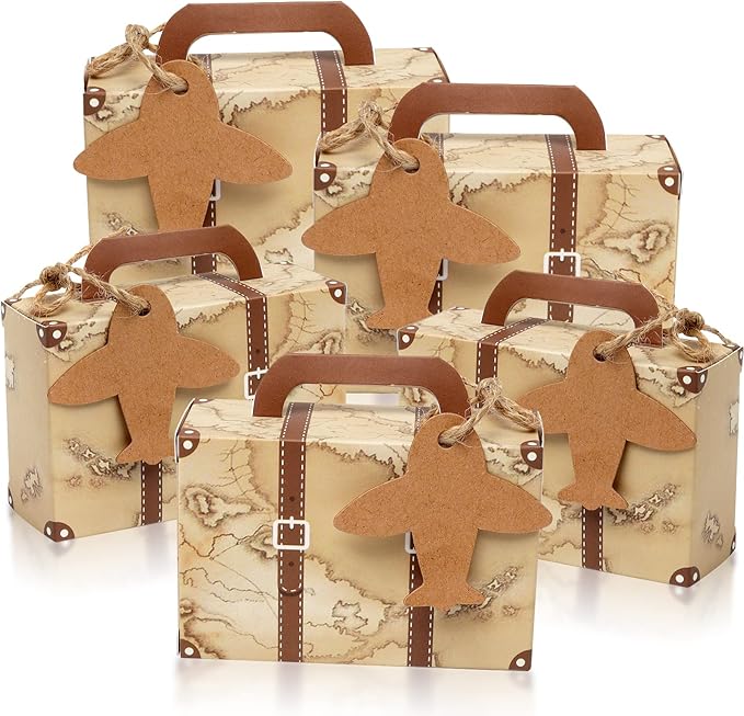 50Pcs Party Favor Candy Box, Vintage Mini Suitcase Favor Box, Kraft Paper with Tags and Burlap Twine for Travel Themed Party, Bridal Shower, Wedding Decorations