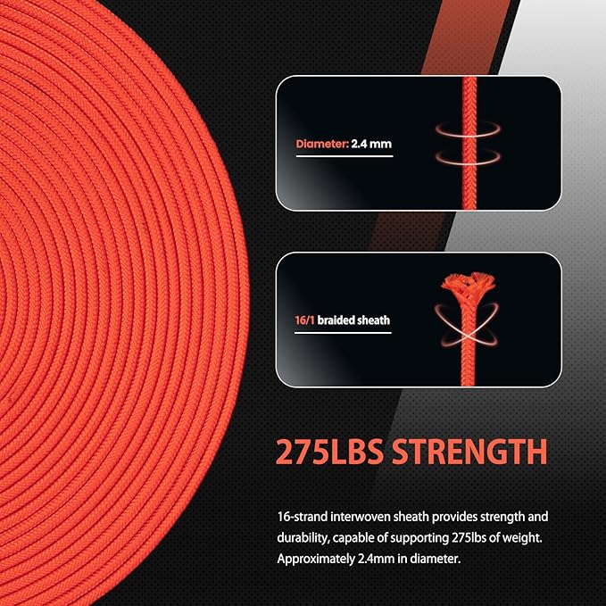 Abma Cord 2.4mm Paracord 275 100ft Nylon Rope 4 Strands Tactical Parachute Cord - Max. 275lbs - Neon Orange