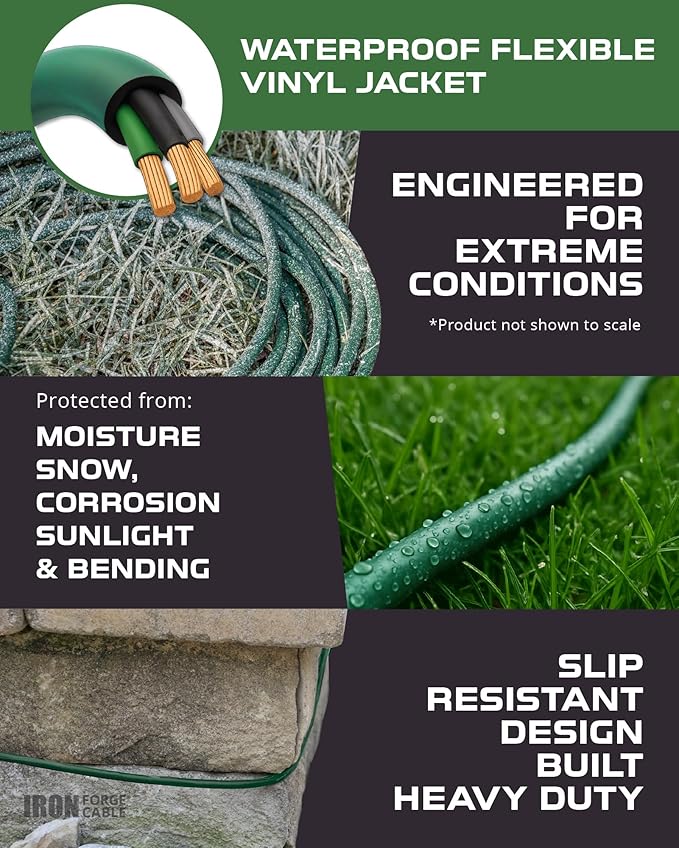 Iron Forge Cable 10ft Green Outdoor Extension Cord with 3 Outlets - 16/3 SJTW 10ft Extension Cord 3 Prong, 13 Amp All-Weather Heavy Duty Power Cable