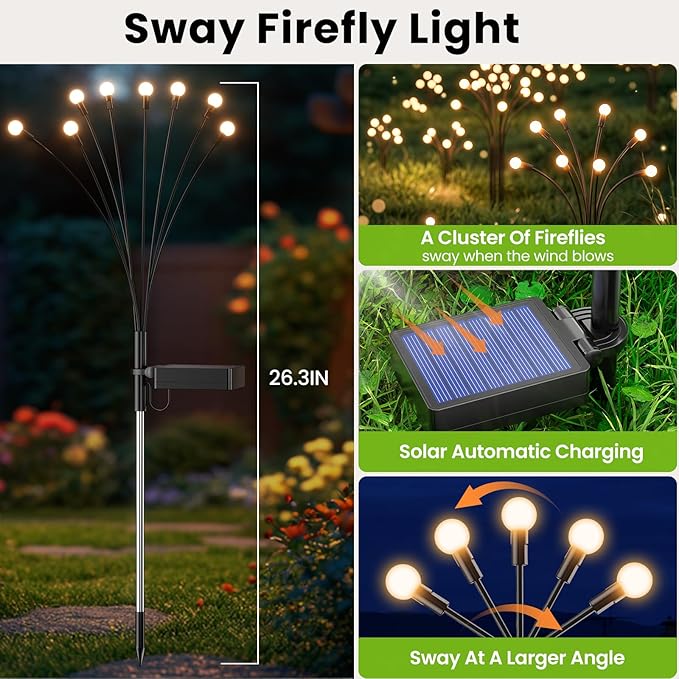 Solar Lights Outdoor(8 Pack,64 LEDs),Solar Lights Outdoor Waterproof for Garden Decor,4 Modes Firefly Light for Outdoor Decor,Big Bulb High Lumens Patio Decor,Sway by Wind,Gardening Gifts for Women
