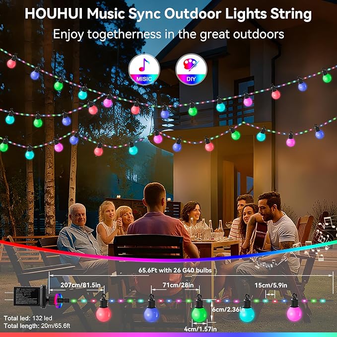 Smart Outdoor String Lights 65.6Ft, RGB IC Color Changing LED Patio Light IP67 Waterproof with 26 G40 Bulbs, Remote, App Control, Timer, Music Sync 5V Outdoor Hanging Lights for Garden Party Christmas