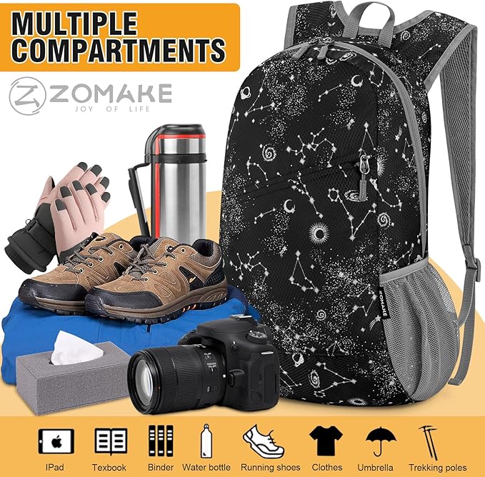 ZOMAKE Lightweight Packable Backpack,Foldable Backpacks Small Daypack for Hiking Water Resistant Day Bag for Travel(Starry sky print)