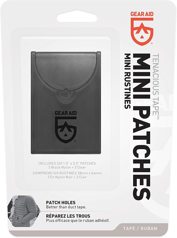 GEAR AID Tenacious Tape Mini Patches with Peel-and-Stick Adhesive to Fix Holes and Tears in Winter Gear, Down Puffer Jackets, Sleeping Bags, Tents, and Rain Gear, Black and Clear, 1 Pack