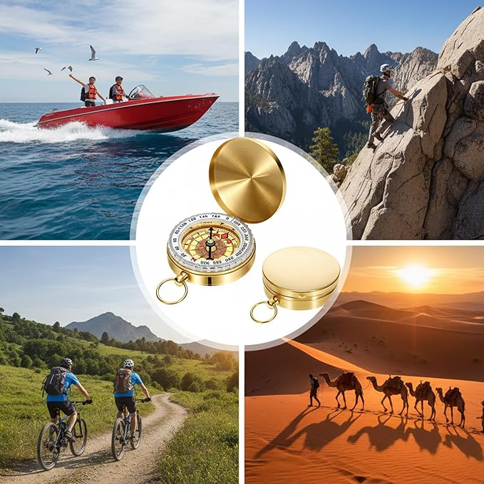 Brass Compass for Hiking Large Dial Pocket Compass with Keychain Loop Camping Survival Compass Ideal Metal Navigation Tool for Teen Scouts Men Hiking Camping Hunting Outdoor (Gold)