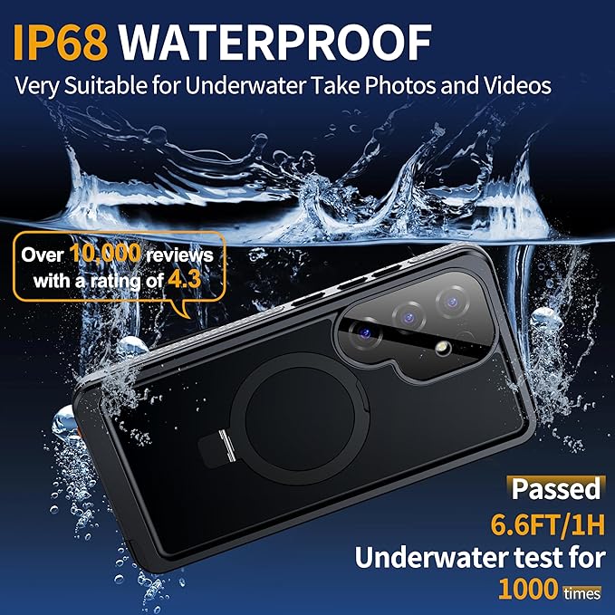 ANTSHARE IP68 Waterproof Case for Samsung Galaxy S25 Ultra [2025] - with Kickstand - MagSafe Compatible, Built-in Screen/Lens Protector - Shockproof Full Body Protection for Swimming/Outdoor, Black