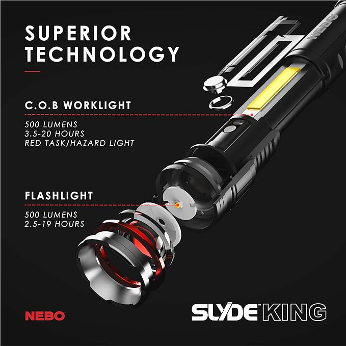 NEBO SLYDE KING Flashlight | High Lumens, Rechargeable COB Work Light & LED Flashlight, Waterproof, Magnetic Base, Great for Camping & Hunting, Includes Charging Cable