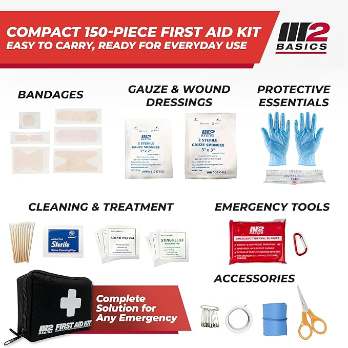 M2 BASICS Compact First Aid Kit, 150 Pieces, Portable Emergency Kit with Carry Bag and Carabiner for Travel, Car, Hiking, Purse
