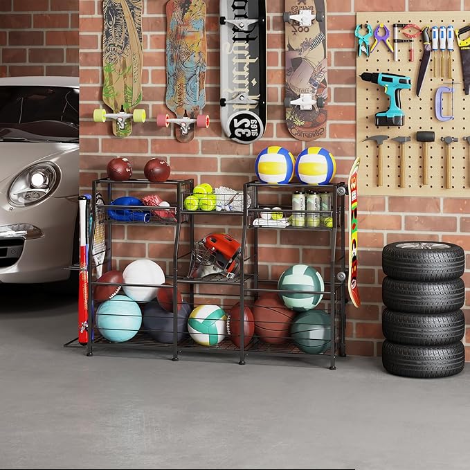 Garage Sports Equipment Organizer with Wheels - Ball Storage Rack with Elastic Rope or Wire Mesh,Garage Organizer System,Indoor/Outdoor Sports Rack for Sports Gear and Toys Storage,Black