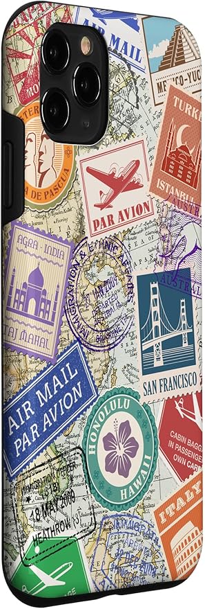 World Map Travel Passport Stamps Postage Stamp Case for iPhone 11 Pro