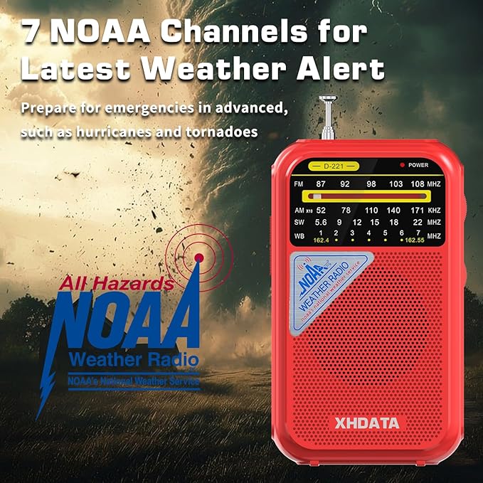 XHDATA D221 NOAA Weather Radio Portable AM FM Shortwave Radio Receiver, 2AA Battery Operated, Transistor Radio with Excellent Reception for Emergency, Hurricane, Gift, Walking and Home (Red)