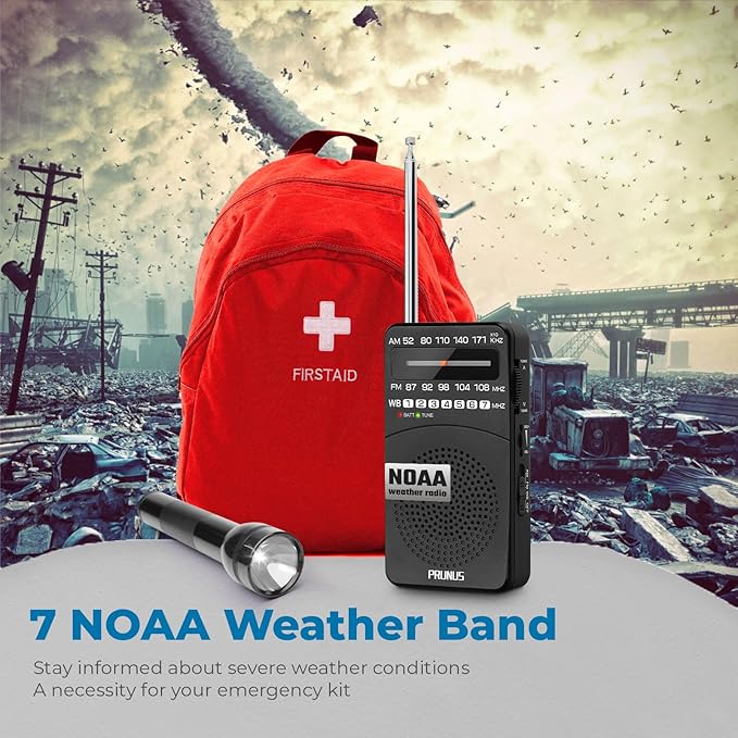 PRUNUS NOAA Weather Radio AM FM, Battery Powered Radio by AA, Transistor Radios, Earphone Jack, Portable Radio AM FM WB for Emergency, Hurricane, Floods, Snowstorms