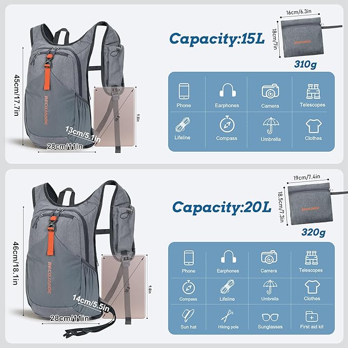 BECOJADDE 20L Small Hiking Backpack for Men Women Foldable Packable Back Pack Ultralight Hiking Daypack for Travel Camping Outdoor, Gray