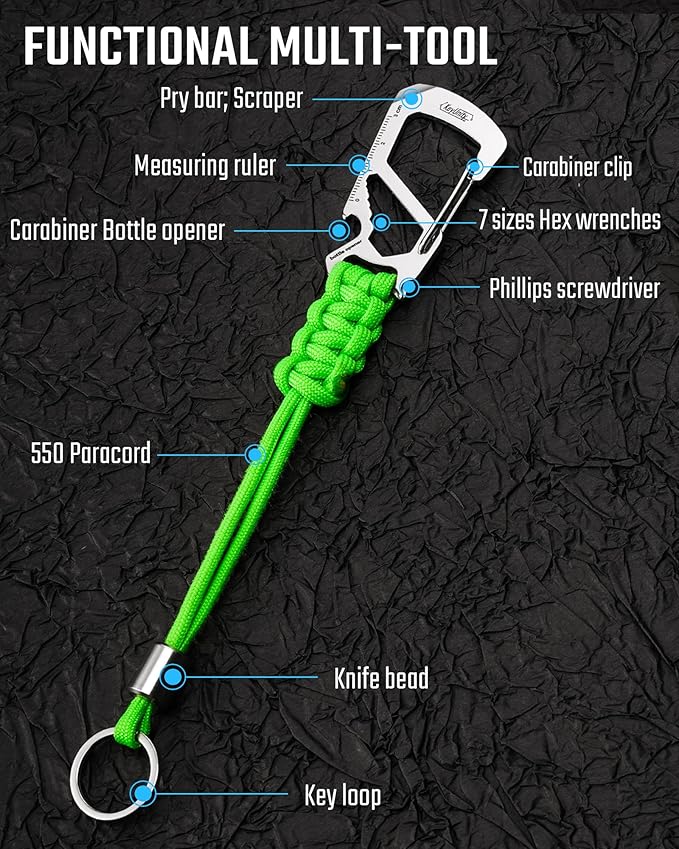 KeyUnity KC04 Paracord Keychain Carabiner Clip, Braided Lanyard with Stainless Steel Key Ring and Bead for Hanging Bottles