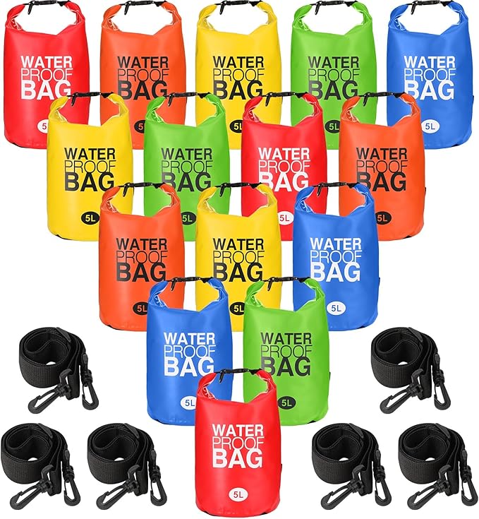 Jexine 15 Pack Dry Bag Waterproof, 5L Ultralight Dry Sacks Roll Top Storage Bag Backpack Camping Portable Outdoor Bags Keep Gear for Backpacking Kayaking Hiking Swimming Fishing Boating (Multicolor)