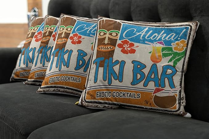 Ambesonne Tiki Bar Decorative Throw Pillow Case Pack of 4, Rusty Vintage Sign Aloha Exotic Cocktails and Coconut Drink Antique Nostalgic, Cushion Cover for Couch Living Room Car, 18", Brown Blue
